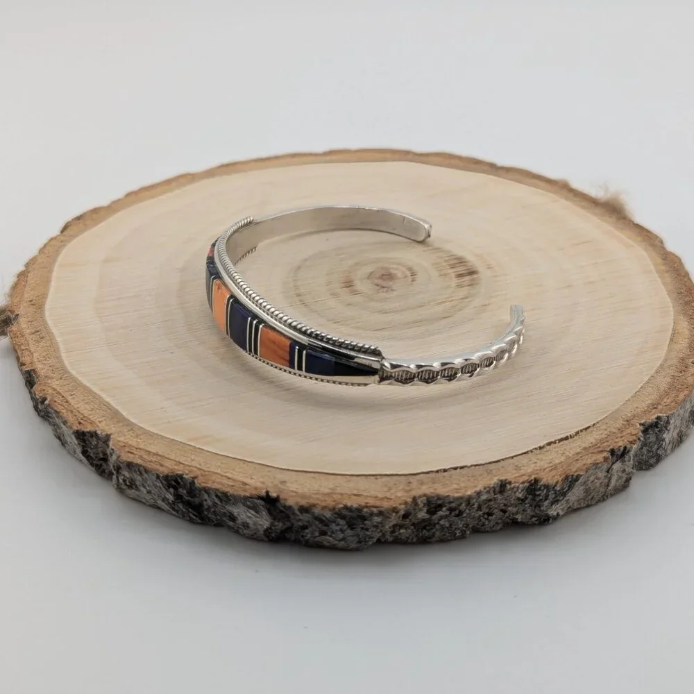 Handmade Zuni Multi Stone Inlay Cuff Bracelet Sterling Silver Jewelry Sz 6.5in**